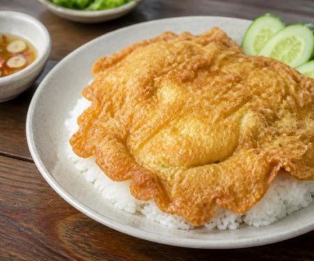 Thai Omelet Kai Jeow: Crisp Edges, Soft Center, Rice, and Sauce