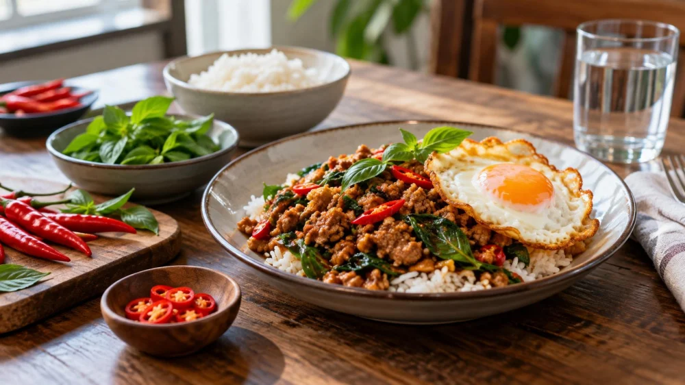 Pad Kra Pao Order: Protein, Chilli, Egg, and Rice
