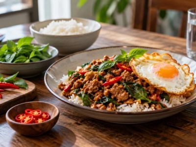 Pad Kra Pao Order: Protein, Chilli, Egg, and Rice