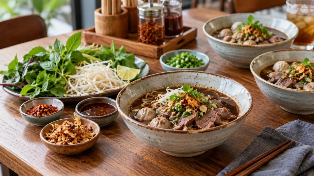 Thai Boat Noodles: Broth, Portions, and Condiments